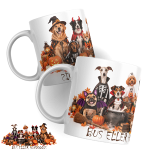 En grupp söta hundar utklädda i halloweenkostymer som fladdermus, dracula, spöke, djävul, häxa och pumpa omgivna av pumpor, höstlöv och texten "Bus eller hundgodis".