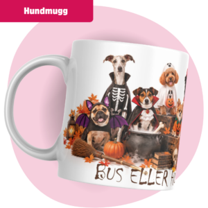 En grupp söta hundar utklädda i halloweenkostymer som fladdermus, dracula, spöke, djävul, häxa och pumpa omgivna av pumpor, höstlöv och texten "Bus eller hundgodis".